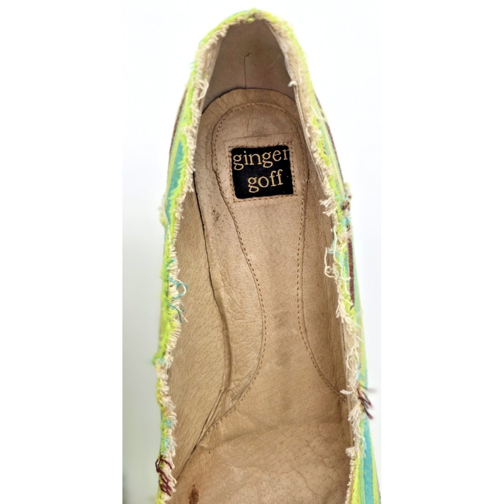 Ginger Goff Peep Toe Heels 7 Women's‎ Green Striped Frayed Wooden 3" Heels Boho - Picture 2 of 11